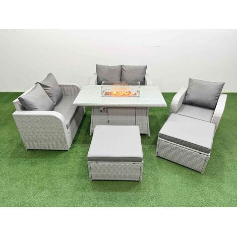 Fimous High Back Poly Rattan Garden Furniture Set with Reclining Chair Loveseat Sofa Firepit Dining Table Indoor Outdoor Patio Set 2 Big Stool Light Grey (1/4)
