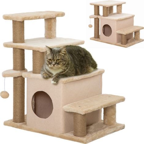 Escalier pour animaux, griffoir, 4 marches, balle de jeu, maisonnette, hauteur réglable, 60 x 40 x 66 cm, beige (1/5)