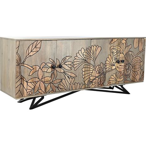 Buffet Meuble de rangement en bois de manguier et métal coloris gris - Longueur 177 x Hauteur 74 x Profondeur 45 cm -PEGANE- (1/4)