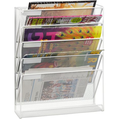 Relaxdays Newspaper Stand, Magazine Holder, Wall Storage, HxWxD 40.5 x 32.5 x 10.5 cm, Metal, Mesh, Document, White