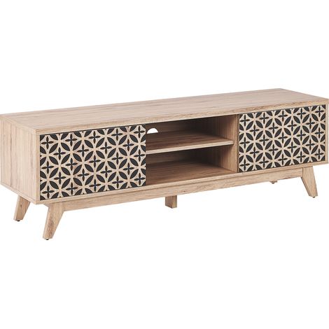 Mueble TV madera clara MDF diseño puertas sala de estar orificio para gestión de cables Prescot
