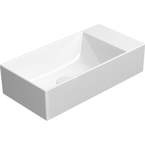 Lavabo en céramique KUBE X 50x25cm, bord inférieur rainuré, sans trou pour robinetterie, droite/gauche, blanc ExtraGlaze (1/4)