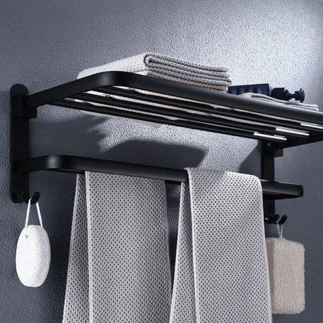 Porte Serviette Etagère Mural - noir pliable Hôtel salle bain (1/4)