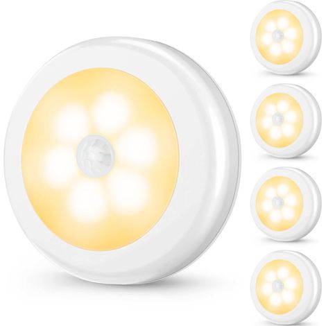 Lot de 4 veilleuses LED à détecteur de mouvement, sans fil, à piles, magnétiques et adhésives, éclairage blanc chaud pour escaliers, placards et couloirs. (1/5)