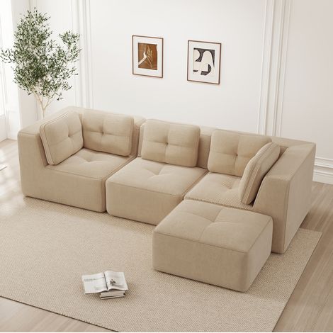 Sofá esquinero modular beige en pana acanalada con otomana, sin montaje (1/5)
