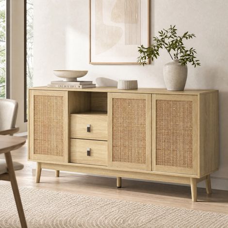 Aparador DESVIAE 155 x 38 x 80 cm con 3 puertas correderas, 2 cajones, madera y ratán (1/5)