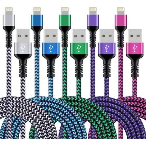 Chargeur iPhone, lot de 5 câbles de charge rapide de 1,8 m compatibles avec iPhone 14, 13, 12, 11 Pro Max, XS, X, 8, 7, 6 Plus et 5. Voir (1/5)