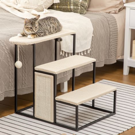 PawHut Katzentreppe, mit Kratzbrett, 3 Stufen, Spielball, robust, Stahl+Sisal, cremeweiß+schwarz, 51 x 54 x 53cm