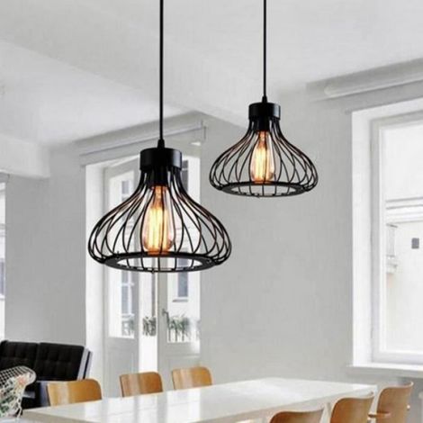 Lustre suspension industriel rétro abat-jour cage métal 23 cm Noir E27 - 1 ampoule (40W) (1/4)