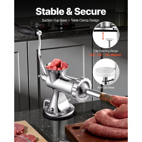 Hachoir à Viande Manuel en Inox Alimentaire Hachoir Manuel à Manivelle 2 Plaques de Broyage 5/8 mm Poussoir à Saucisses 2 Façons de Fixation Serre-Joint Ventouse Broyage de la Viande Boucherie (1/5)