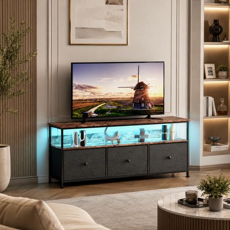 Meuble TV 108x30x57cm,3 tiroirs en tissu,banc TV multifonctionnel, lumière LED,armoire TV pour salon,pieds réglables,plateau à rayures tigrées,grande capacité, style rétro,cadre en métal,Noir (1/5)