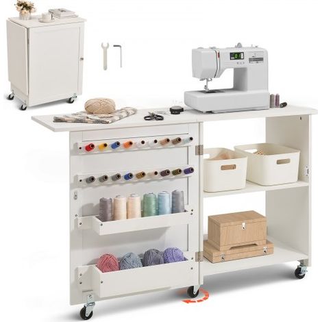 klappbarer Nähtisch Mehrzweck Nähmaschinentisch mit Rollen & Regalen & Ablagefächern & Holzstiften & magnetischen Türen, Nähmaschine weiß (1170 x 400 x 778 mm) (1/5)