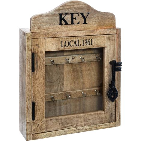 Atmosphera – Boîte à clés en bois de manguier 30x40 cm – 10 crochets métalliques – Porte vitrée avec fermeture aimantée – Design rétro