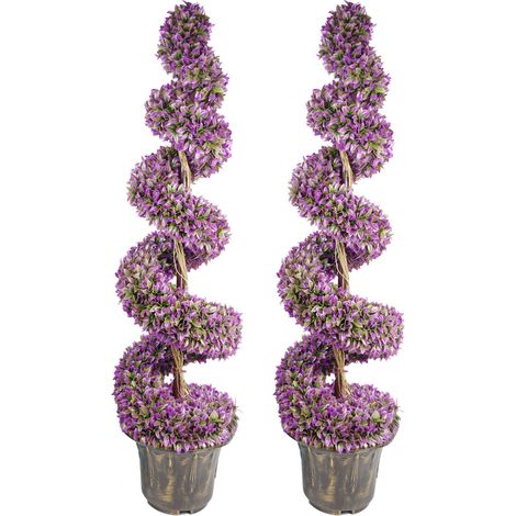 120cm Pair of Purple Large Leaf Spiral Topiary Trees with Decorative Planters (1/5)
