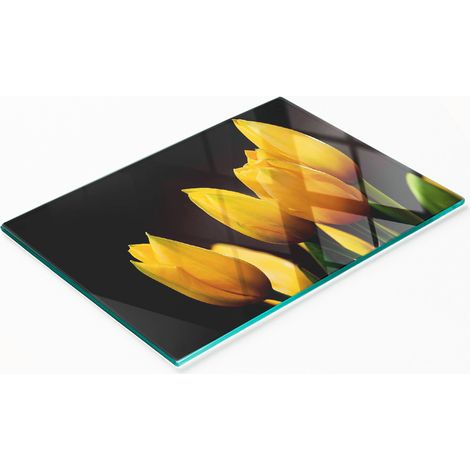 Piatto decorativo multifunzionale in vetro per cucina, con tulipani gialli, 80x52 cm. (1/5)
