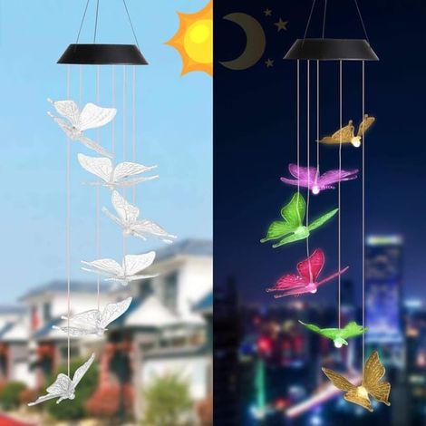Carillon éolien solaire LED papillon – lumière LED multicolore changeante – décoration extérieure pour jardin et terrasse – couleur aléatoire (1/5)