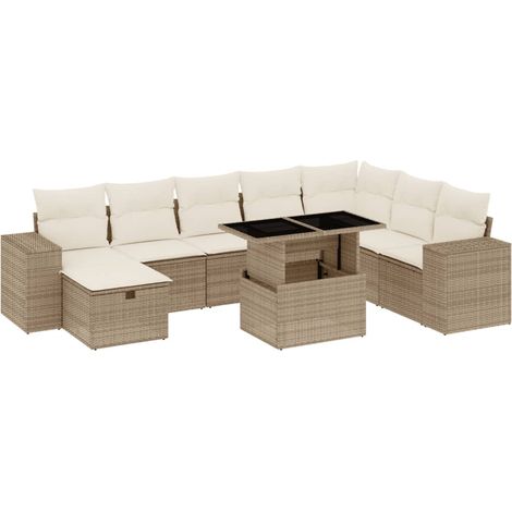 vidaXL Set Divano da Giardino 9 pz con Cuscini Beige in Polyrattan (1/5)