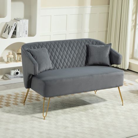 Sofá de 2 Plazas Tapizado en Terciopelo con 2 Almohadas Reposabrazos y Patas de Acero Carga 240 kg 124x69x76 cm Gris (1/5)