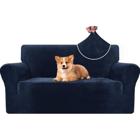 Samt Sofa Überzug 2 Sitzer Dunkelblau, elastisch, rutschfest, haustierfreundlich (1/5)