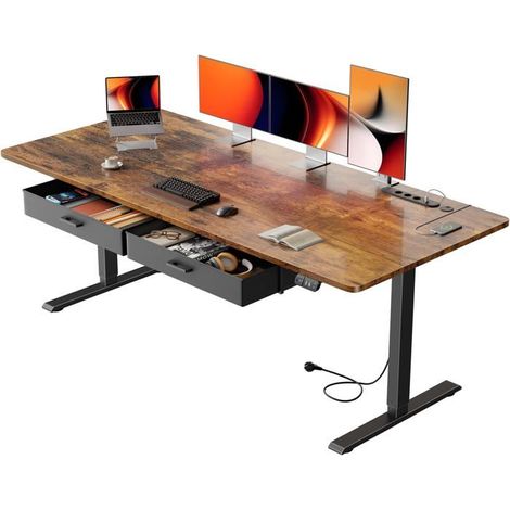 ECOFURNIX - Bureau Électrique Réglable - Marron - 2 Tiroirs Amovibles - 180x80 cm (1/5)