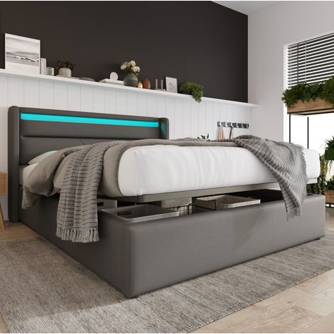 letto matrimoniale contenitore LED 160x200 grigio OKMYHOME