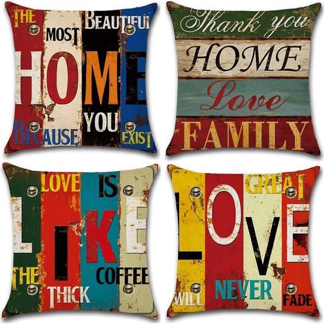 Set mit 4 Kissenbezügen aus Leinen und Polyester – Motiv „Liebe zum Zuhause“ – 45 x 45 cm (1/5)