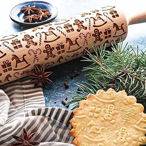 Mattarello natalizio in legno con decorazione in rilievo, utensile decorativo per dolci (omino di pan di zenzero), 39 cm x 4,5 cm (1/3)