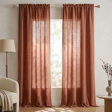 Lot de 2 Panneaux de Rideaux Semi-Transparents en Lin avec Passe-Tringle pour Salon, Porte coulissante, Salle à Manger, décoration Occidentale, 2,7 m, Terre Cuite (1/5)