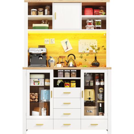 Buffet latéral / armoire de rangement / meuble de cuisine multifonction / buffet, 120x40x188cm, style maison de campagne, 4 portes, avec bande LED, 6 tiroirs et 3 portes, blanc aspect bois (1/5)
