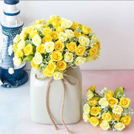 Fleurs Artificielles - Bouquet 7 Branches 21 Têtes - Roses Miniatures en Plastique - Décoration Intérieure Extérieure Bureau Mariage Fête - Blanc Violet Rose Rose Foncé Jaune - 1 Pièce (1/5)