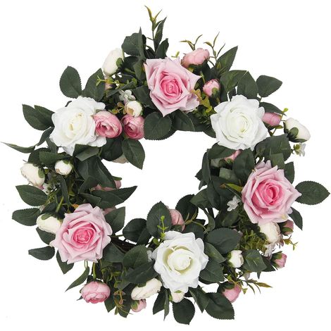 Guirnalda de flores de peonía artificial Guirnalda de puerta delantera de seda hecha a mano con hojas verdes para la decoración de la boda del hogar de la pared (corona de rosas, 35 cm) (1/5)