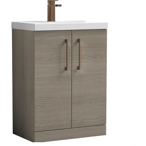 Balterley Bramshall Contemporary Bathroom Floor Standing 2-Door Vanity & Mid-Edge Basin, Solace Oak, 600mm (1/4)