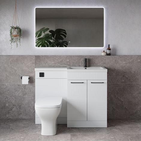 Napoli 390 Gloss White 1100mm 2 Door Vanity Unit Toilet Suite with Square Right Hand Lucia Basin - 1100mm - Matt Black 160mm HandleWith Kingston Toilet Pan and Seat