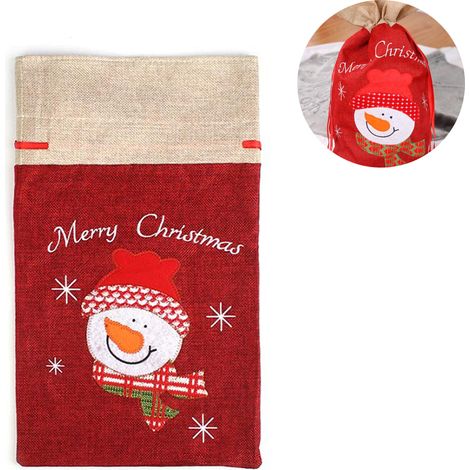 Sac Cadeau Noël - Lin - 55 x 32 cm - Motif Père Noël ou Bonhomme de Neige - Rouge - 1 Pièce (1/5)