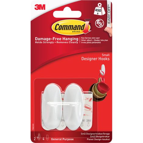 Command Small White Designer Hooks Pack of 2 - Easy-Install, Damage-Free Wall Hooks for Hanging Light Items