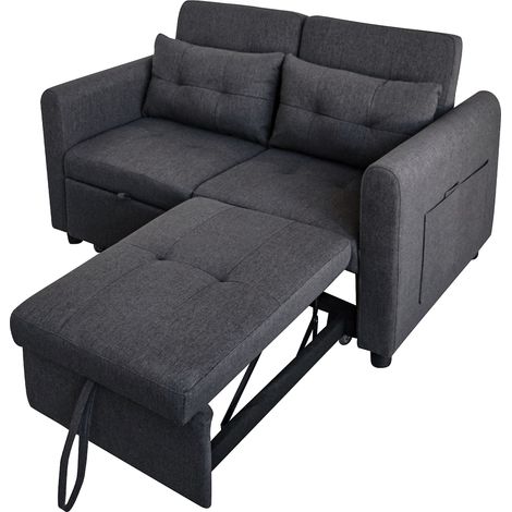 Canapé convertible - 2 places,rangements,coussins inclus,port USB,coton et lin,dossier inclinable - 142x85x83cm - Gris (1/5)