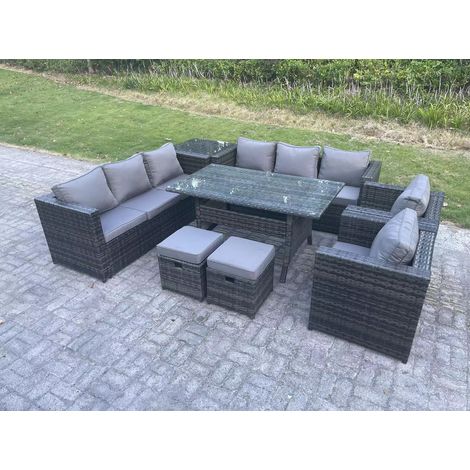 Fimous outdoor garden furniture rattan lounge sofa set – 10 seater – Dark grey mixed – Rectangular dining table 140x80cm – Durable galvanized steel (1/5)