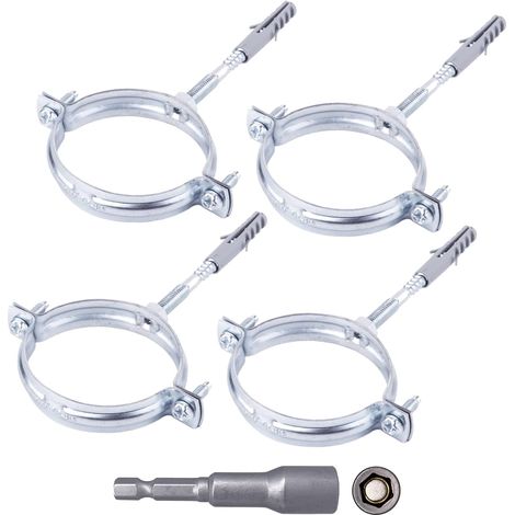 Lot de 4 Supports de tuyau, Acier zingué, Diamètre 60-64 mm, Collier de serrage, Fixation murale et plafond (1/5)