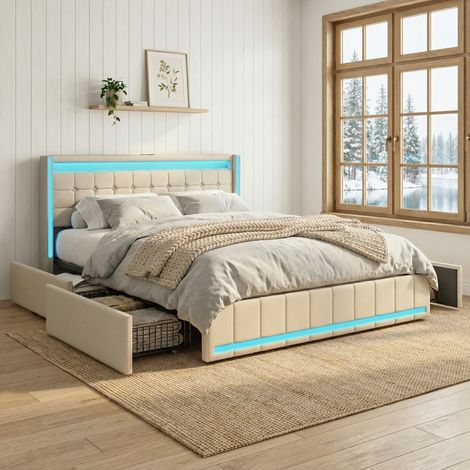 Letto per adulti 180x200 con 4 Cassetti Contenitore - letto matrimoniale con Testiera LED RGB e Ricarica USB/USB-C - Design Moderno in Tessuto Beige
