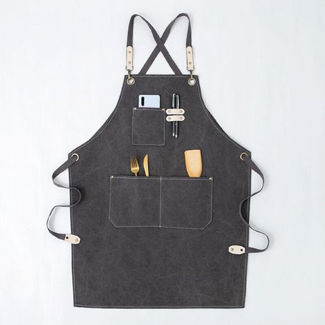 Tablier de travail homme/femme, tablier de cuisine, sangle en toile réglable avec 3 poches, tablier de charpentier pour barbecue, boulanger, charpentier, tatoueur, coiffeur, barista, peintre - Gris (1/5)