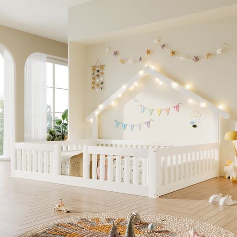 Lit cabane enfant 140x200 cm avec barrières anti-chute et guirlande LED, lit au sol avec grille de sécurité, gain de place pour chambre, bois, blanc (1/5)