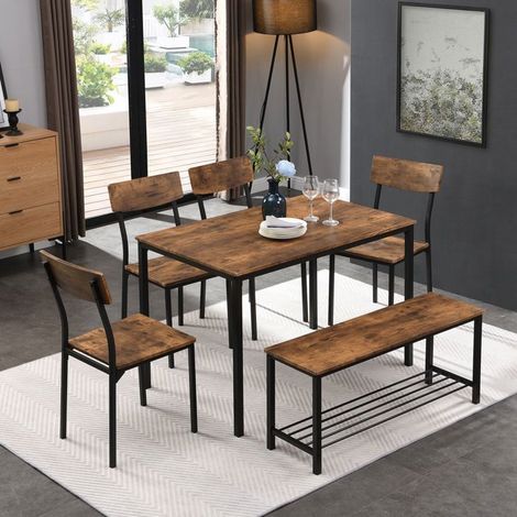 Ensemble table et chaises salle à manger, plateau bois industriel structure métal robuste, 6 places banc inclus, rangement intégré (1/5)