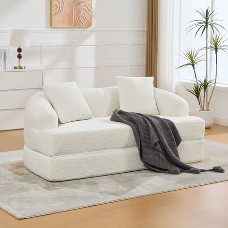 Divano letto 2 in 1 Neche a 2 posti con 2 cuscini, tessuto ciniglia beige, si trasforma in letto matrimoniale per il soggiorno, 157x84x65 cm (1/5)