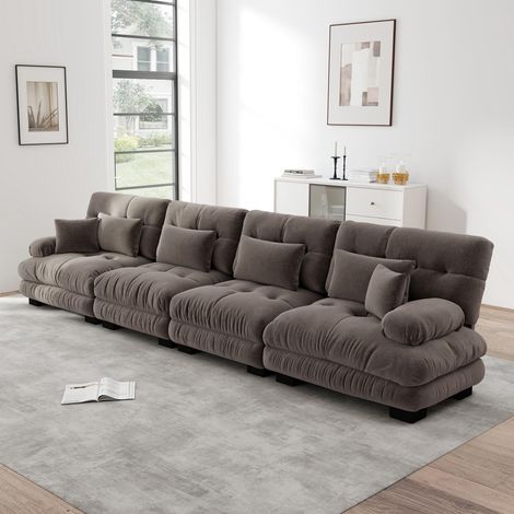 Canapé d'angle modulable 4 places avec assise profonde, canapé-lit en chenille marron, confortable et revêtu de tissu, idéal pour le salon, appartement, studio ou bureau.