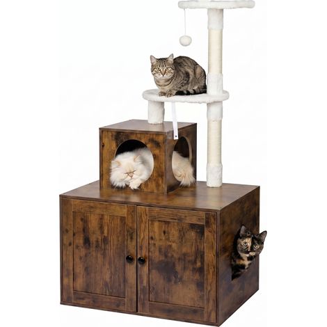 Relaxdays Arbre à chat avec meuble pour litière, 133x78x49 cm, poteaux en sisal et niche cosy, aspect bois, marron foncé