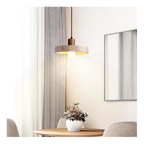 Luminaire suspendu rond îlot de cuisine lampe à suspension en pierre de grotte jaune tasse en bois éclairage de plafond suspendu long et réglable lustre rétro Wabi Sabi en travertin jaune lampes (1/4)