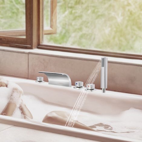 YISSALE -Outillage -Mitigeur de baignoire 5 trous avec douchette – Bec cascade – Finition chromée – Robinet en laiton massif – Installation facile 3 poignées (1/5)