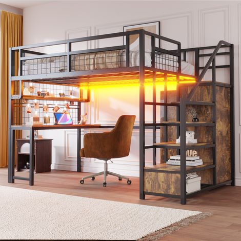 Lit mezzanine métal 140 x 200cm, échelle rangement, armoire, étagère, table et filet, prise bande lumineuse, noire