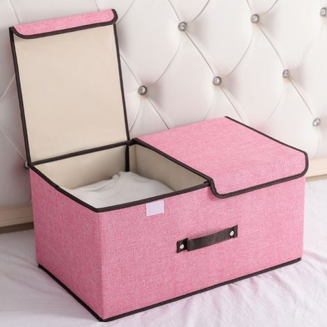 Caja de almacenamiento plegable de algodón y lino con doble tapa, para ropa interior (rosa, 50x30x25cm) (1/5)