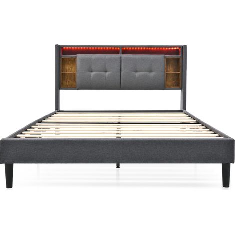 Letto matrimoniale imbottito grigio 140 x 200 cm con materasso, LED, USB e vani (1/5)